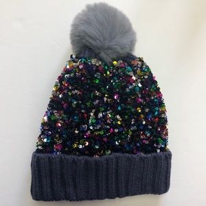 Charcoal Sparkly Beanie with Faux Fur Pompom